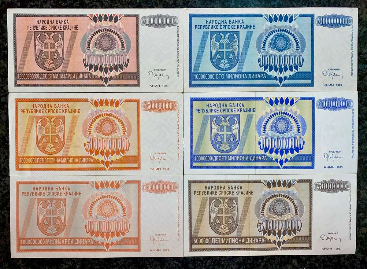 Bosnia Set 10 billion dinars to 5 million dinars 1993 (1 bid takes all)