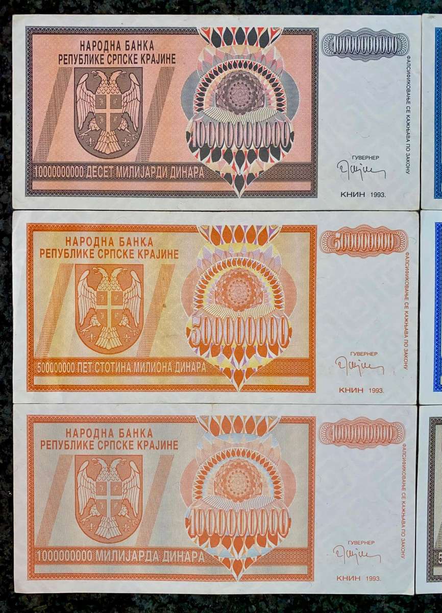 Bosnia Set 10 billion dinars to 5 million dinars 1993 (1 bid takes all)