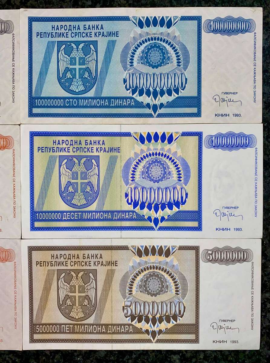 Bosnia Set 10 billion dinars to 5 million dinars 1993 (1 bid takes all)
