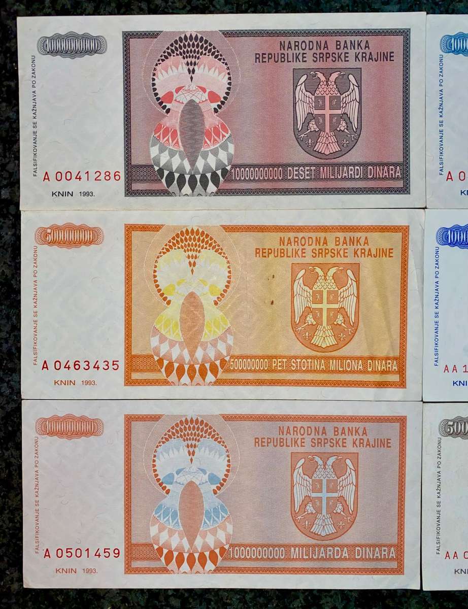 Bosnia Set 10 billion dinars to 5 million dinars 1993 (1 bid takes all)