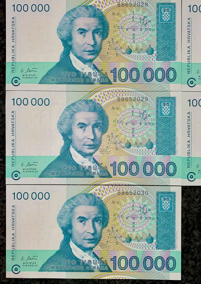 Croatia. 100,000 dinars in sequence B8652032-028 unc 1993 (1 bid takes all)