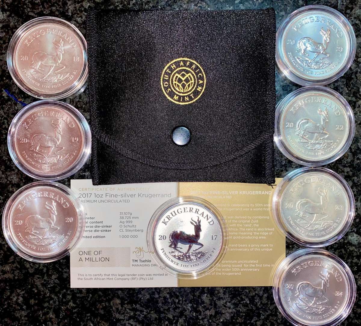 South Africa 1oz Silver Krugerrand Collection - Premium UNC 2017 to 2024 unc in capsules