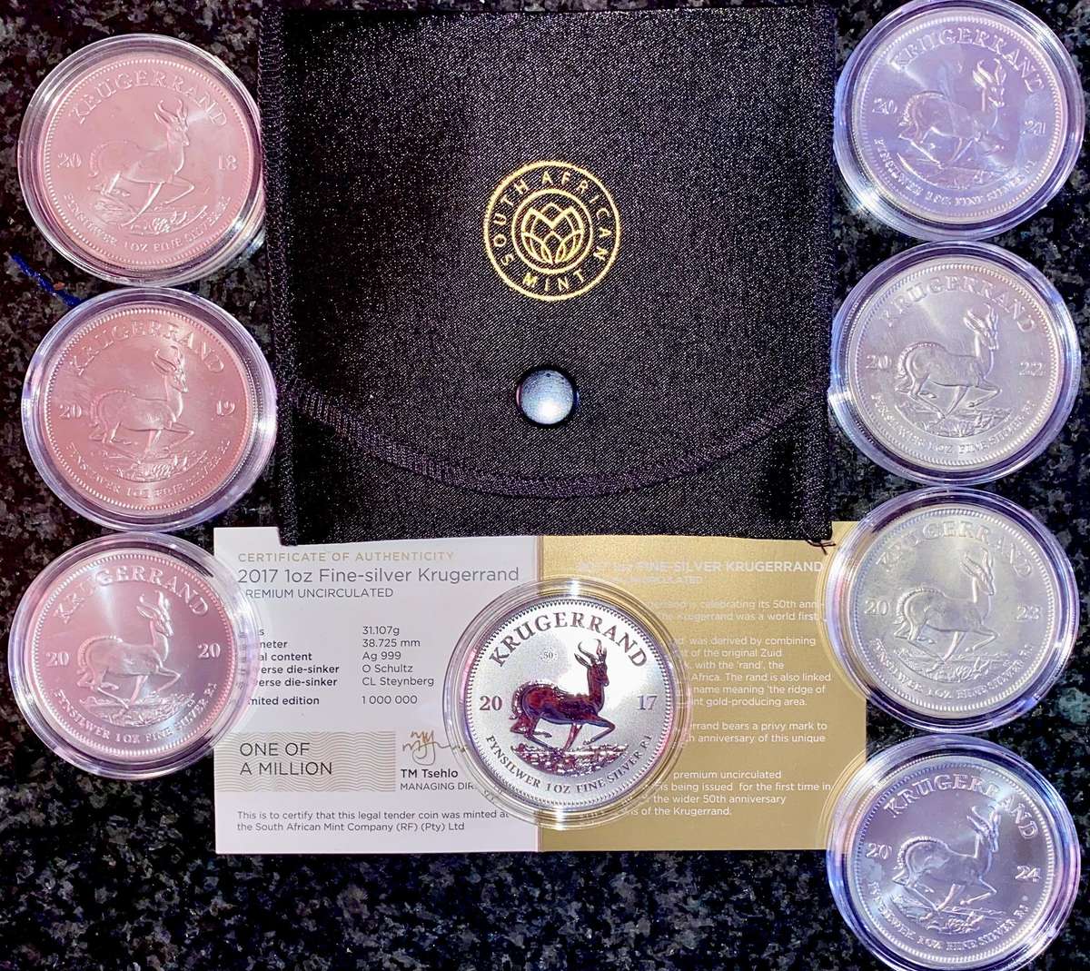 South Africa 1oz Silver Krugerrand Collection - Premium UNC 2017 to 2024 unc in capsules