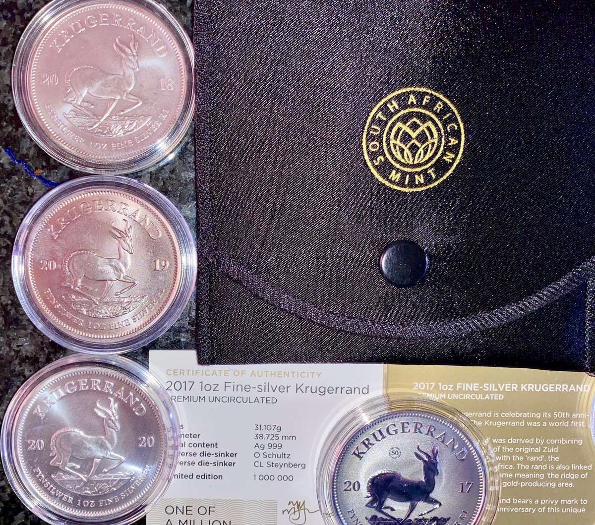 South Africa 1oz Silver Krugerrand Collection - Premium UNC 2017 to 2024 unc in capsules