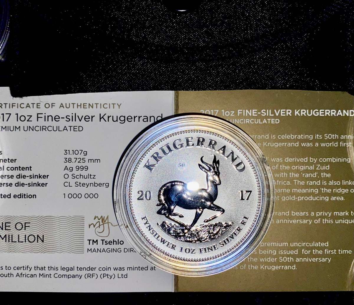 South Africa 1oz Silver Krugerrand - Premium UNC 2017 Still Sealed as from SA Mint pouch & cert