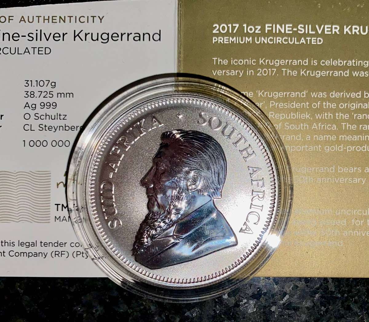 South Africa 1oz Silver Krugerrand - Premium UNC 2017 Still Sealed as from SA Mint pouch & cert