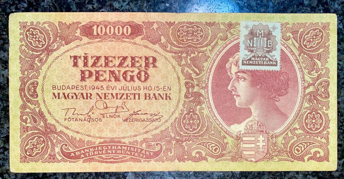 Hungary 10,000 pengo 1945 WW2 with Magyar bank stamp