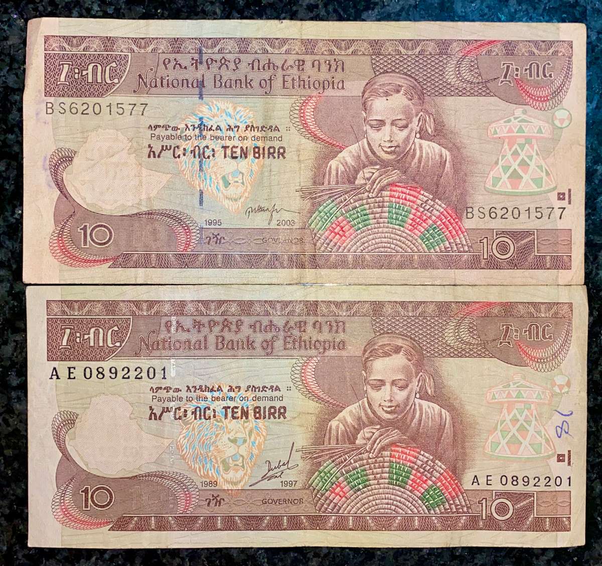 ETHIOPIA SET 10 BIRR TWO DIFFERENT SIGNATURES 1989 & 1995(1 BID TAKES ALL)