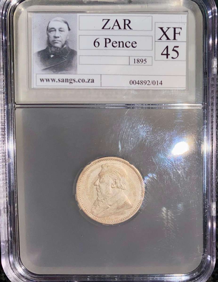 Z.A.R Graded 1895 - Silver 6 pence XF45 Paul Kruger SANGS