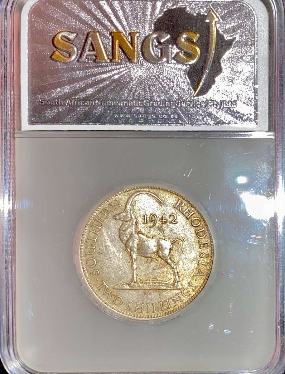 Southern Rhodesia 1942 Graded Sterling Silver 2 shillings XF40 SANGS