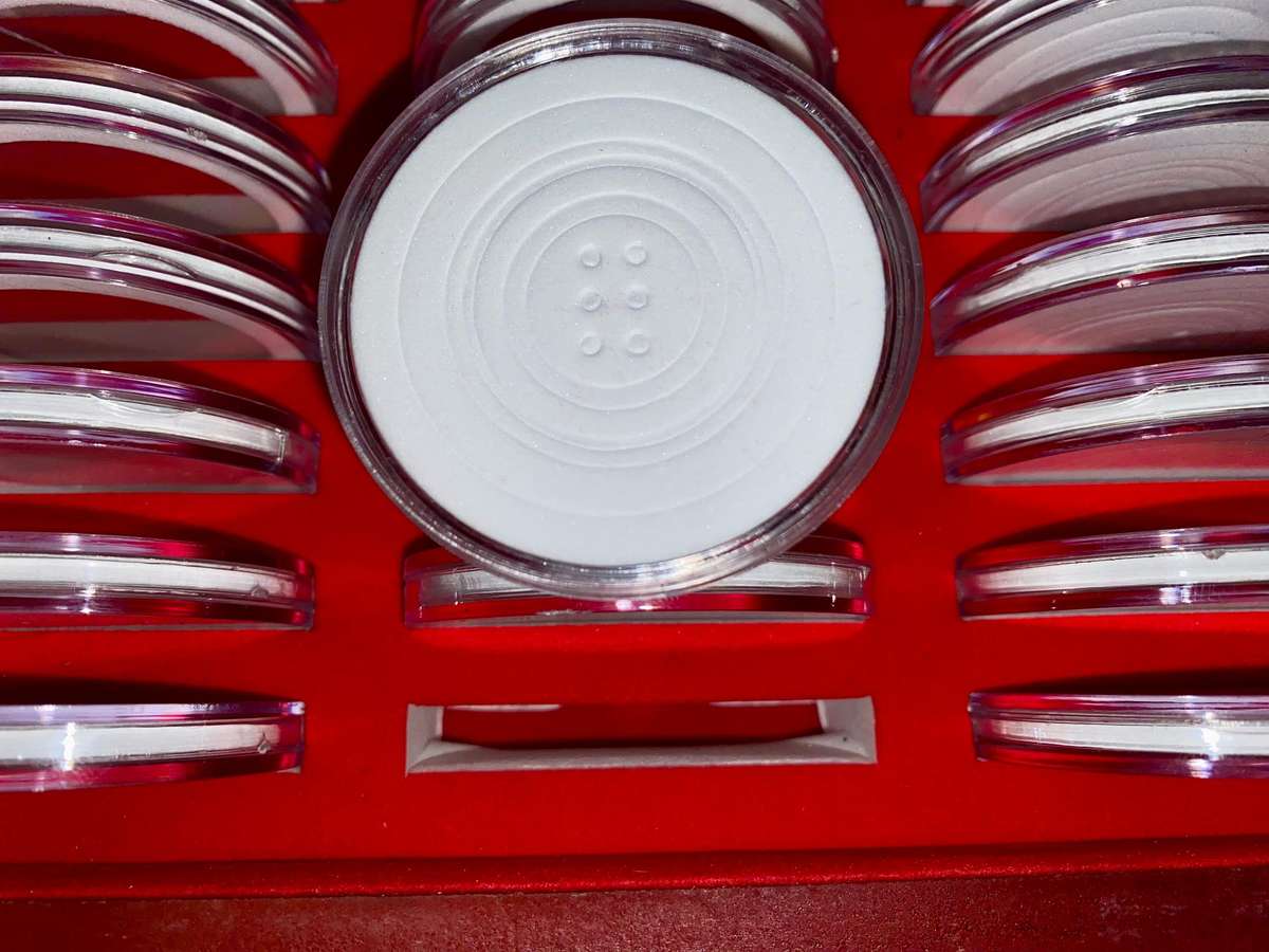 Wooden Box Coin Holder with 30 capsules various sizes