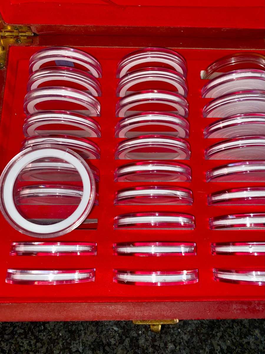 Wooden Box Coin Holder with 30 capsules various sizes