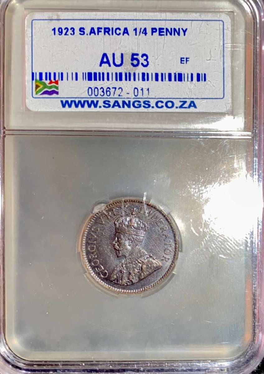 SA Union Graded 1/4 penny 1923 Graded AU53 SANGS