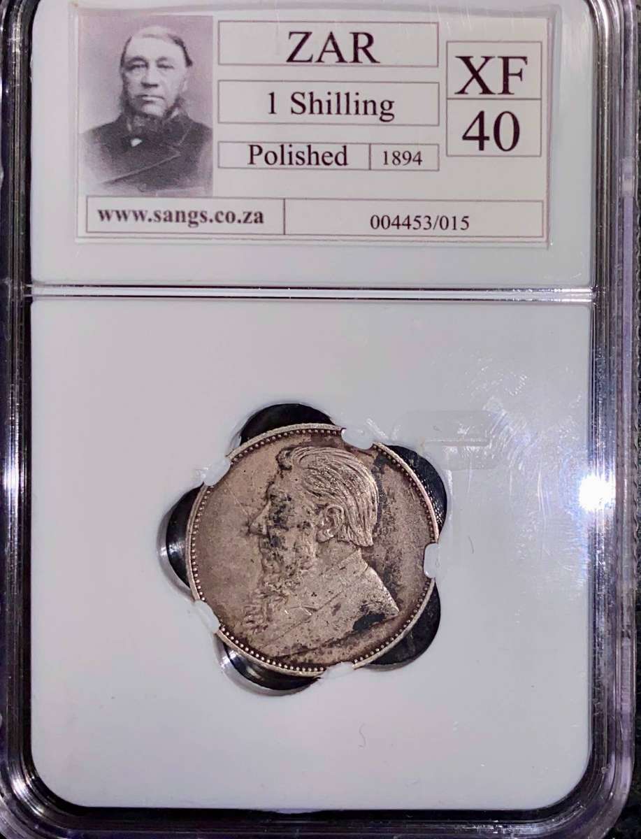 ZAR 1894 Graded Sterling Silver 1 Shilling Paul Kruger SANGS XF40
