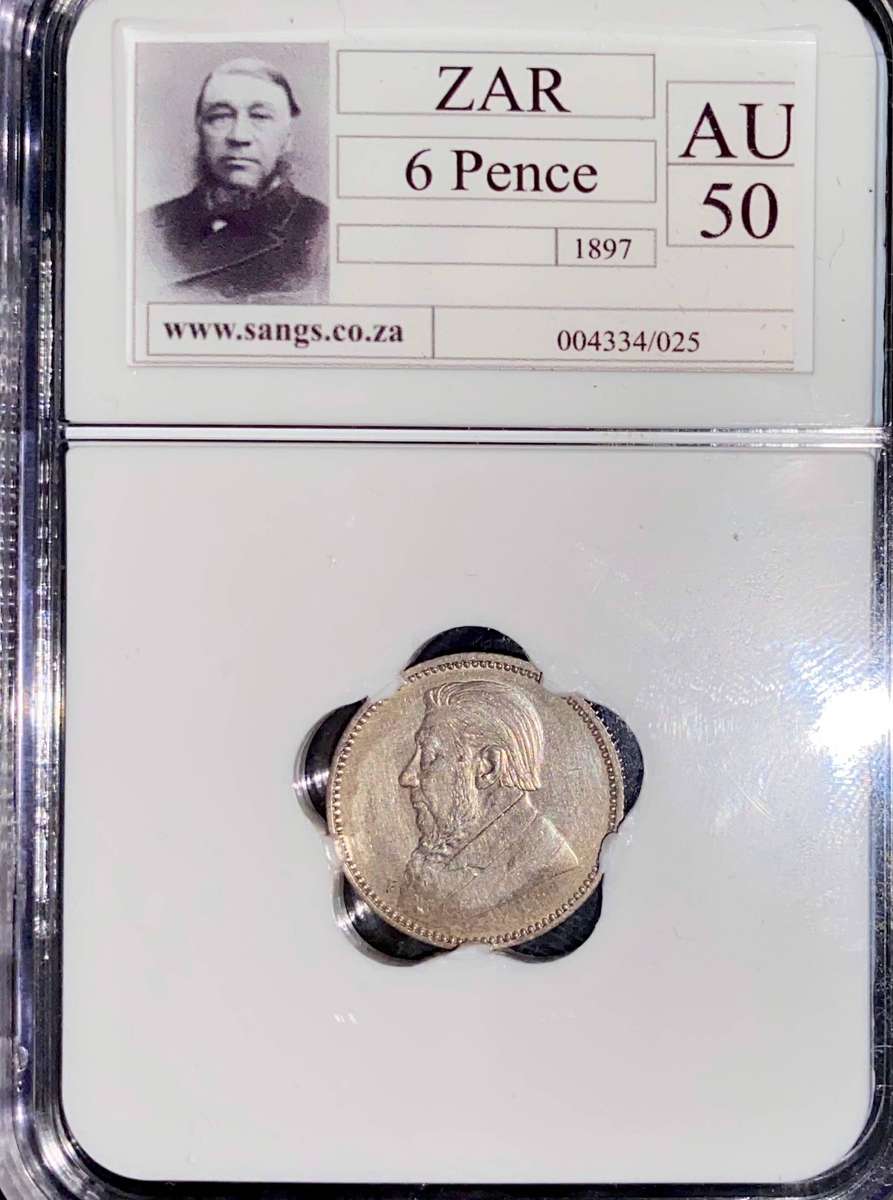 ZAR 1897 Graded Sterling Silver 6 Pence Paul Kruger SANGS AU50