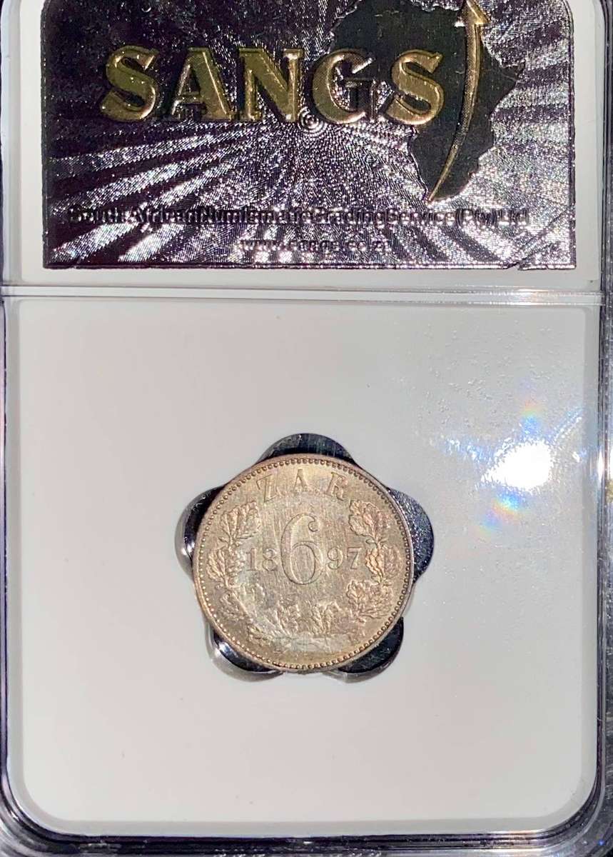 ZAR 1897 Graded Sterling Silver 6 Pence Paul Kruger SANGS AU50