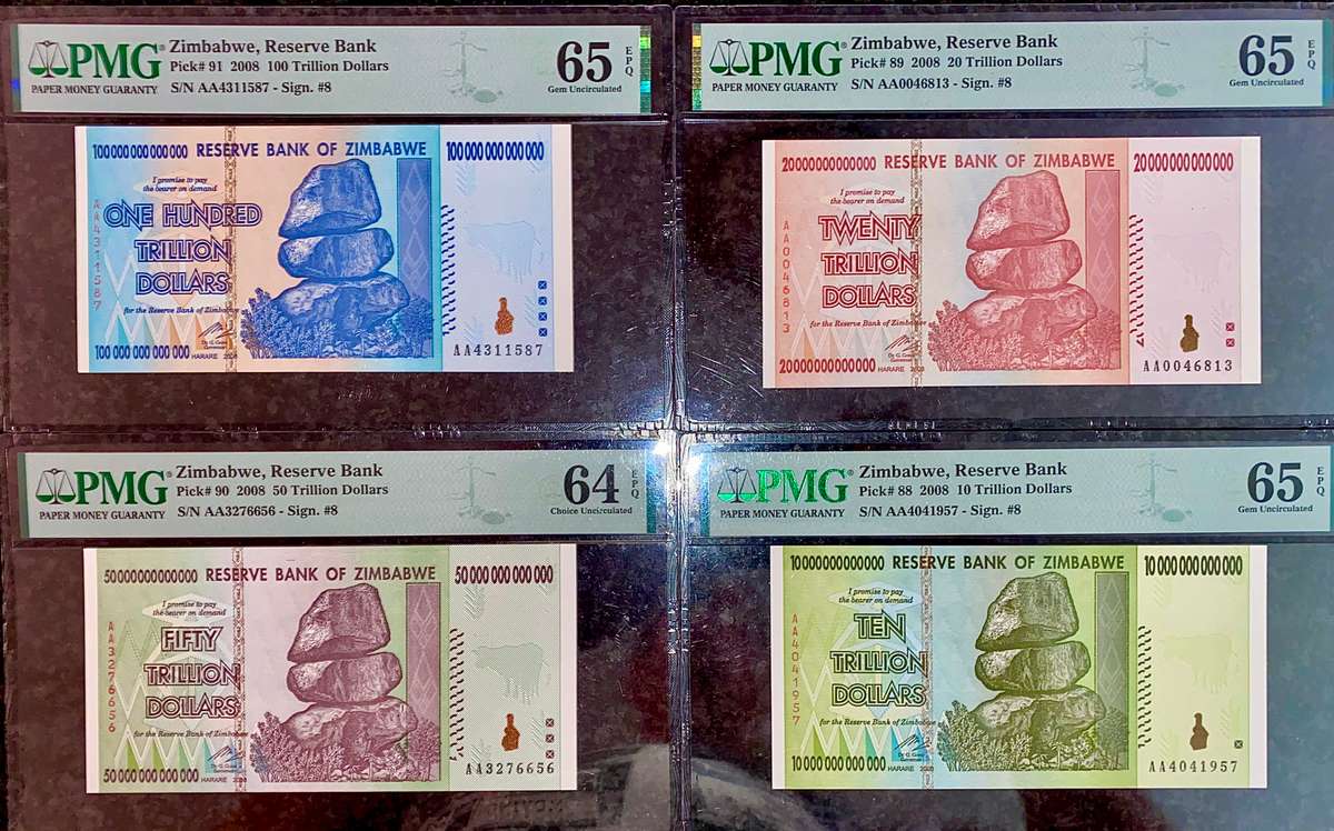 ZIMBABWE FULL SET PMG GRADED GEM UNC 65-64 EPQ TRILLION DOLLARS 100 TRIL TO 10 TRIL -LOW NO 20 TRIL