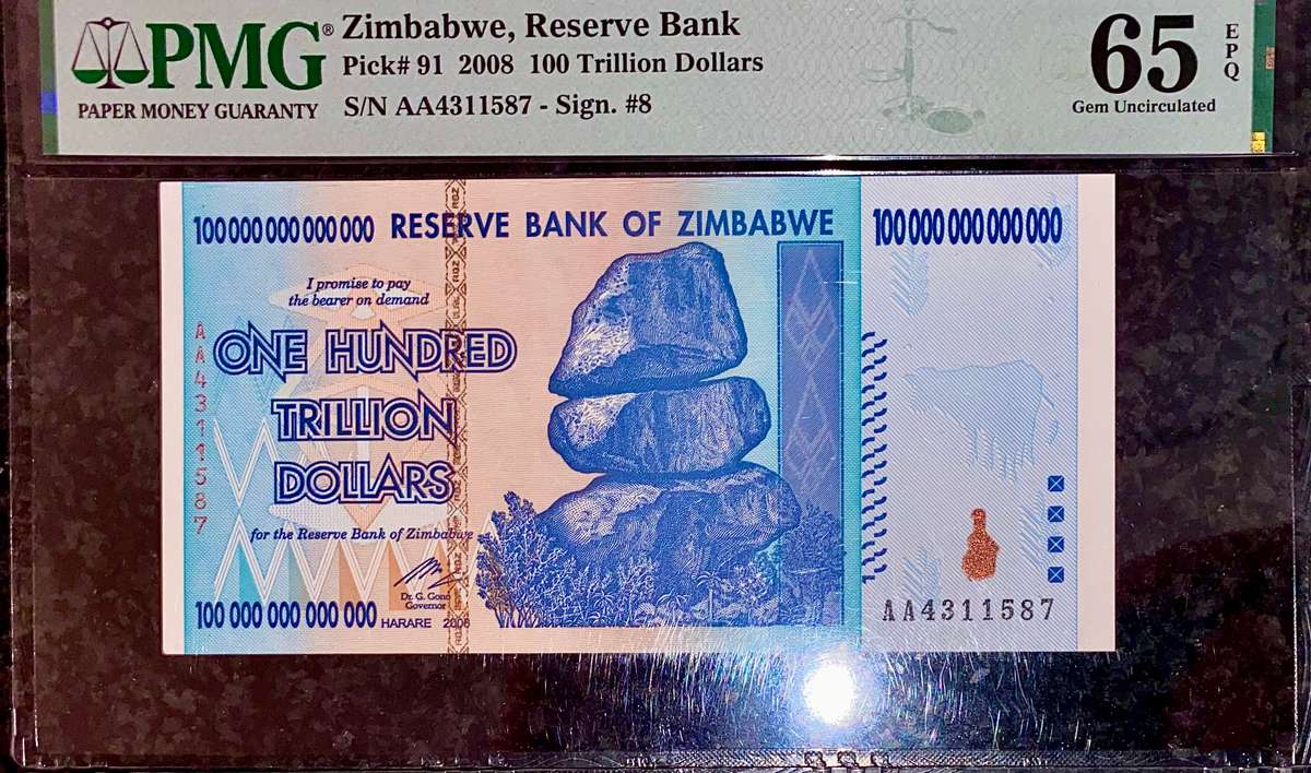 ZIMBABWE FULL SET PMG GRADED GEM UNC 65-64 EPQ TRILLION DOLLARS 100 TRIL TO 10 TRIL -LOW NO 20 TRIL