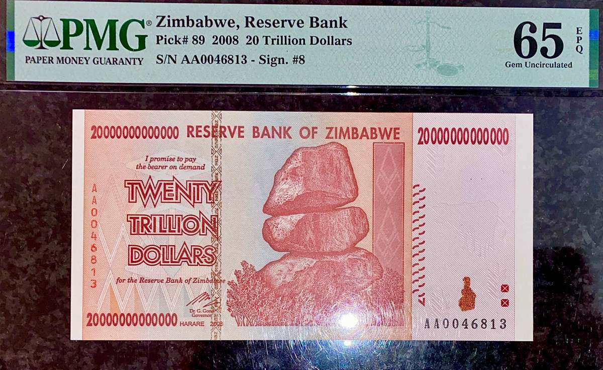 ZIMBABWE FULL SET PMG GRADED GEM UNC 65-64 EPQ TRILLION DOLLARS 100 TRIL TO 10 TRIL -LOW NO 20 TRIL