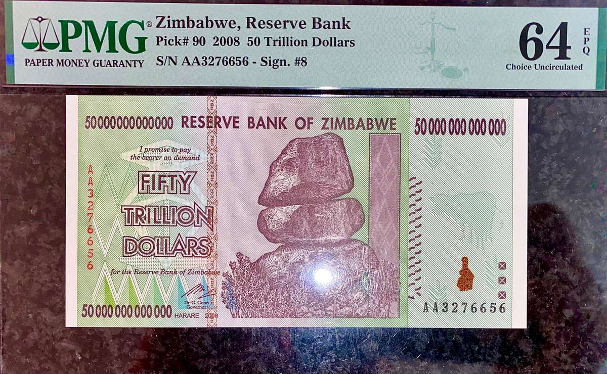 ZIMBABWE FULL SET PMG GRADED GEM UNC 65-64 EPQ TRILLION DOLLARS 100 TRIL TO 10 TRIL -LOW NO 20 TRIL