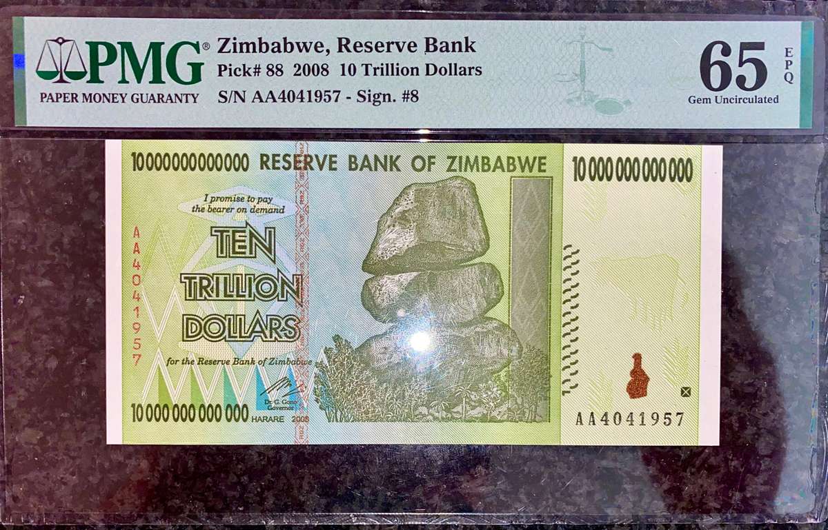 ZIMBABWE FULL SET PMG GRADED GEM UNC 65-64 EPQ TRILLION DOLLARS 100 TRIL TO 10 TRIL -LOW NO 20 TRIL