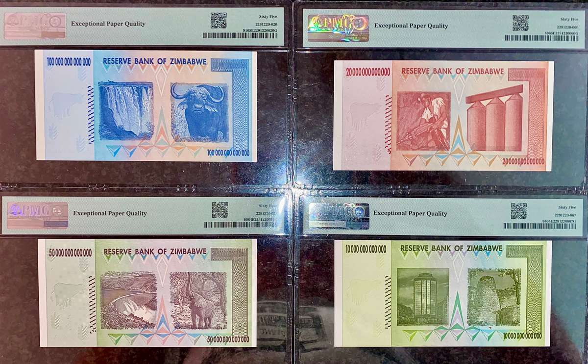 ZIMBABWE FULL SET PMG GRADED GEM UNC 65-64 EPQ TRILLION DOLLARS 100 TRIL TO 10 TRIL -LOW NO 20 TRIL