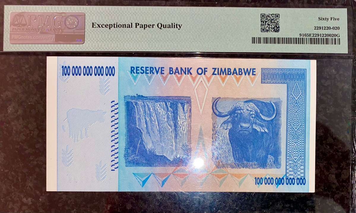 ZIMBABWE FULL SET PMG GRADED GEM UNC 65-64 EPQ TRILLION DOLLARS 100 TRIL TO 10 TRIL -LOW NO 20 TRIL