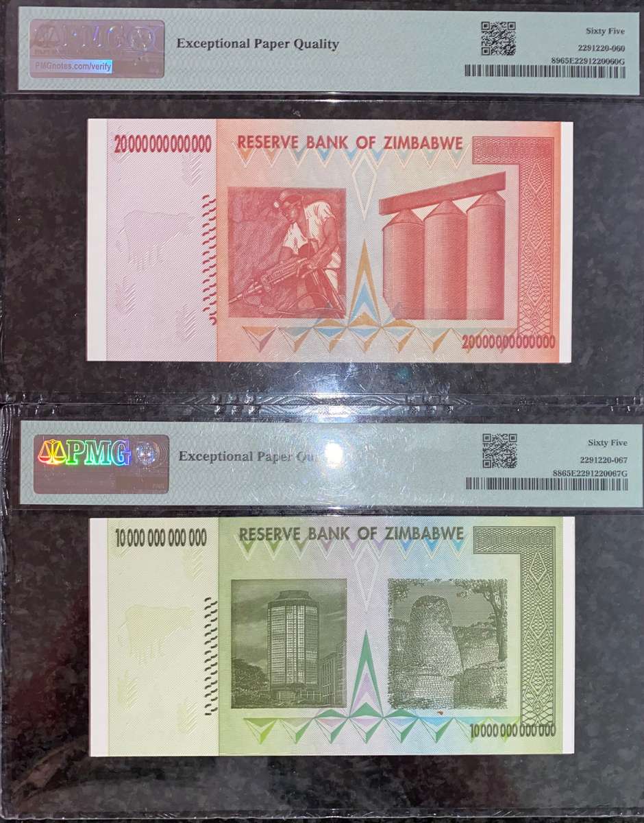 ZIMBABWE FULL SET PMG GRADED GEM UNC 65-64 EPQ TRILLION DOLLARS 100 TRIL TO 10 TRIL -LOW NO 20 TRIL