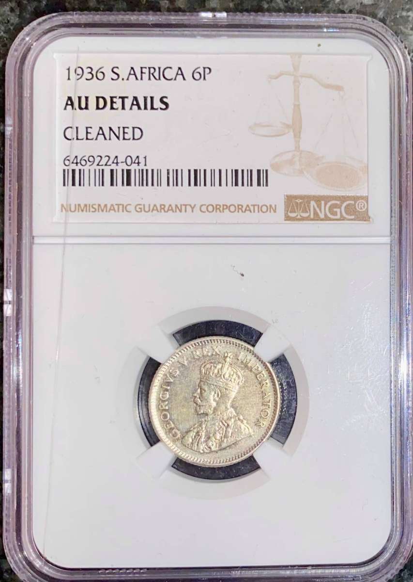 SA Union 1936 Graded Silver 6 pence Graded AU details NGC