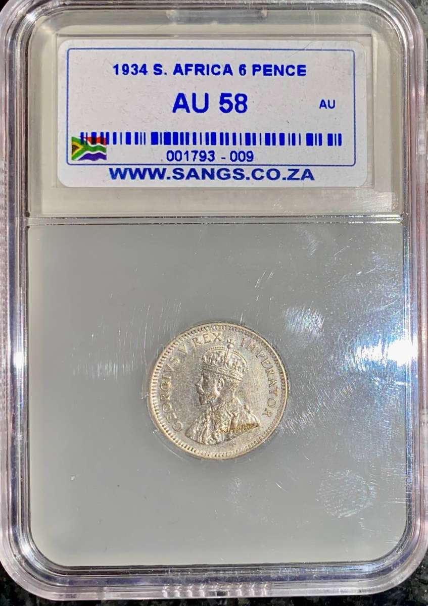 SA Union 1934 Graded Silver 6 pence Graded AU58 SANGS