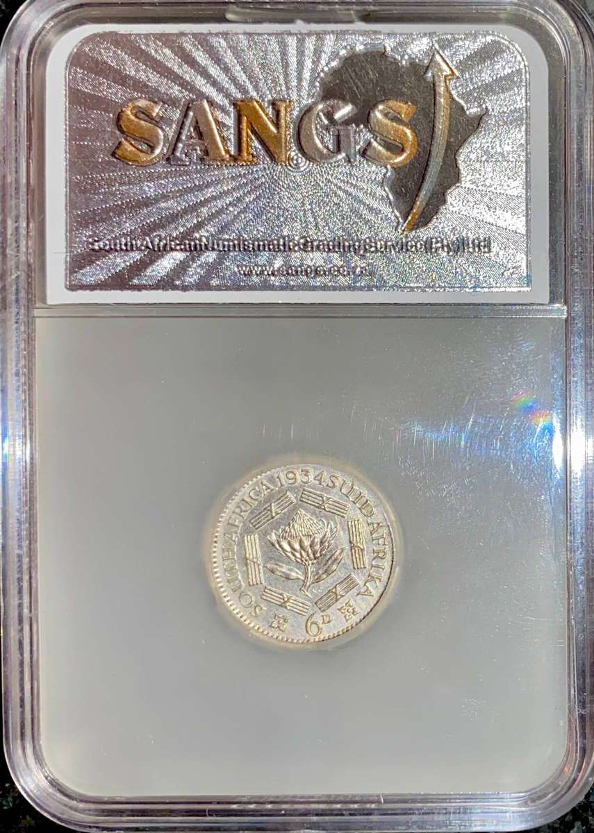SA Union 1934 Graded Silver 6 pence Graded AU58 SANGS
