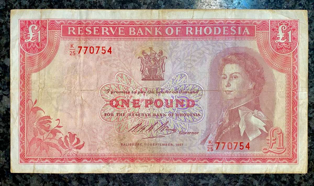 Rhodesia 1 pound 1st September 1967 C J Rhodes wtm
