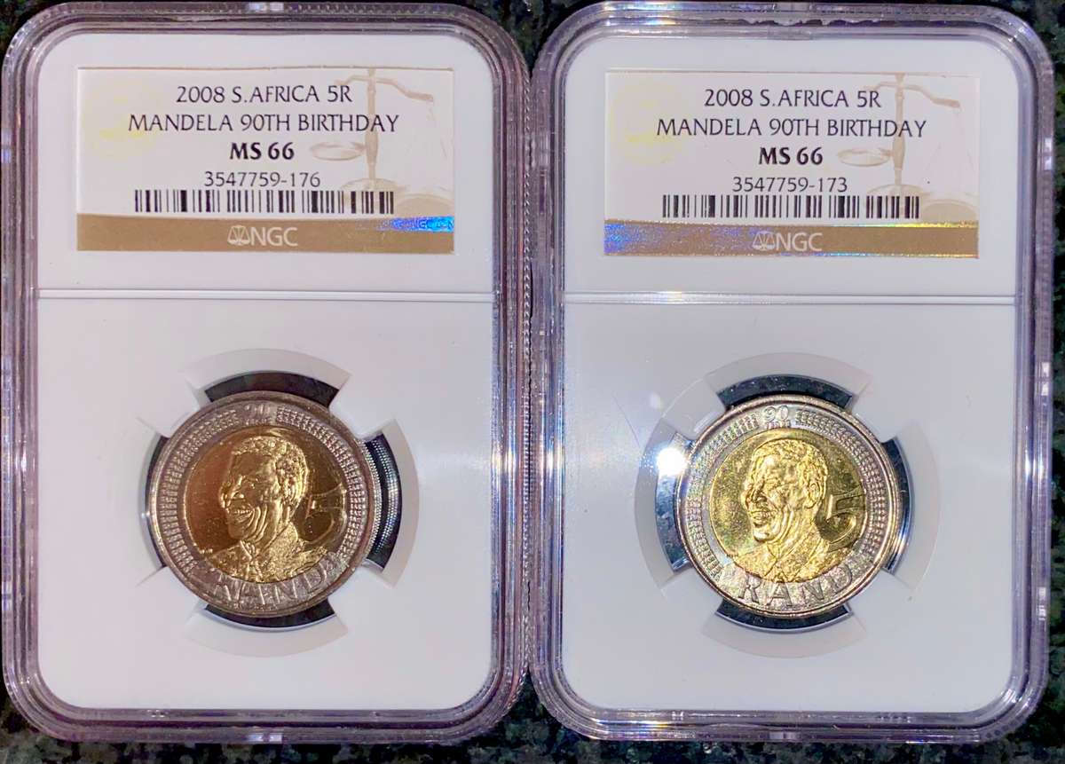 SOUTH AFRICA GRADED SET COMMEMORATIVE R5 - MANDELA 90TH BIRTHDAY MS66 NGC 2008 (1 BID TAKES ALL)