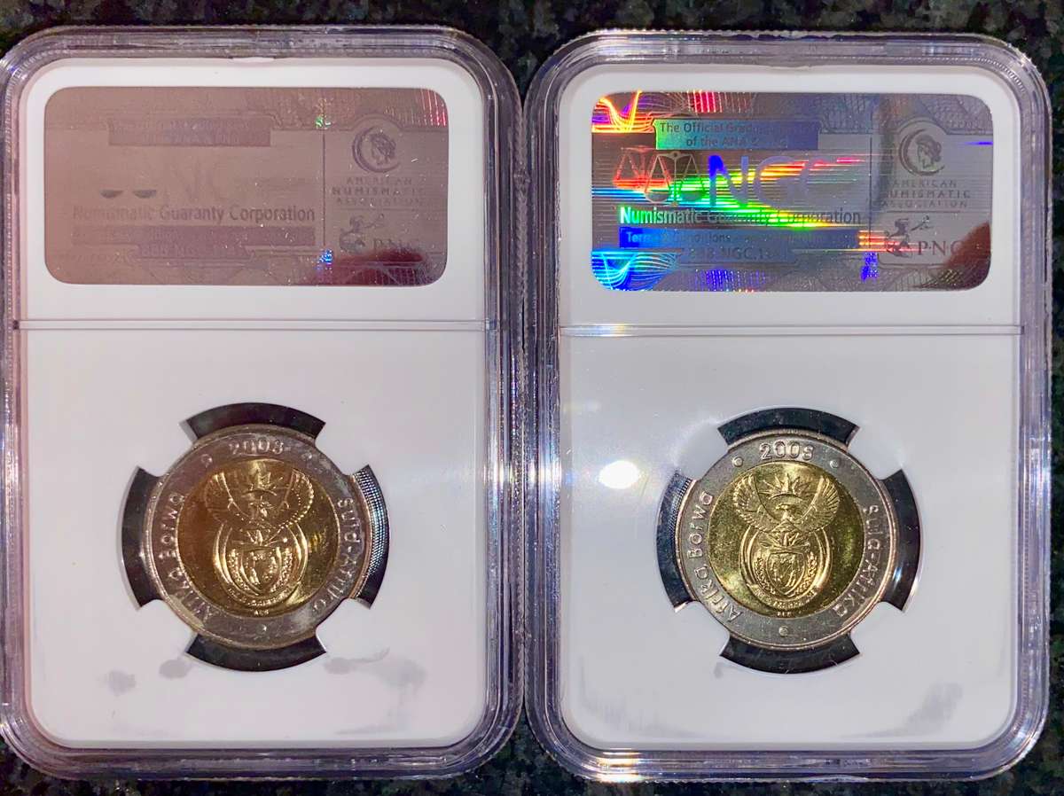 SOUTH AFRICA GRADED SET COMMEMORATIVE R5 - MANDELA 90TH BIRTHDAY MS66 NGC 2008 (1 BID TAKES ALL)