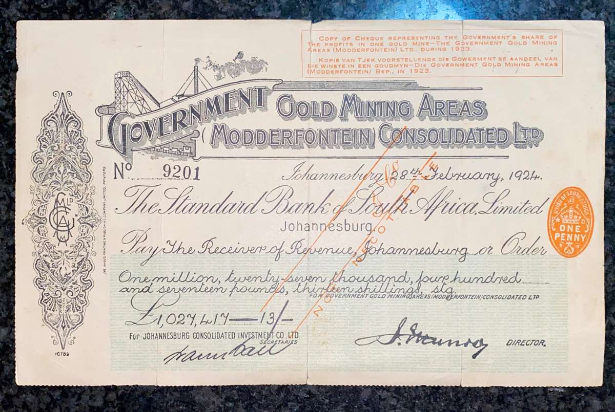Government Modderfontein 1924 Gold Shares 1,027,417 pounds
