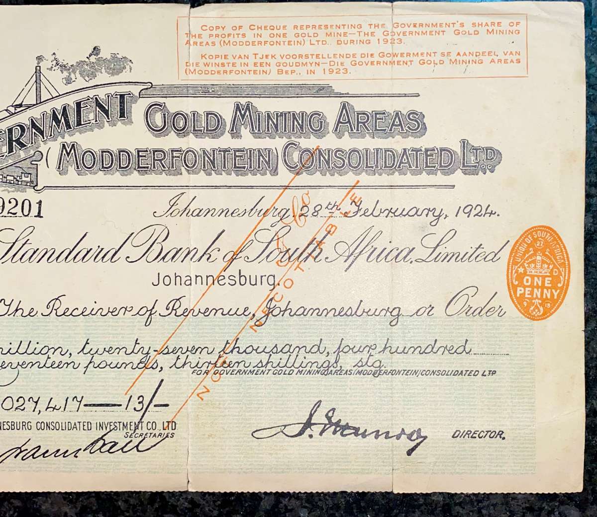 Government Modderfontein 1924 Gold Shares 1,027,417 pounds