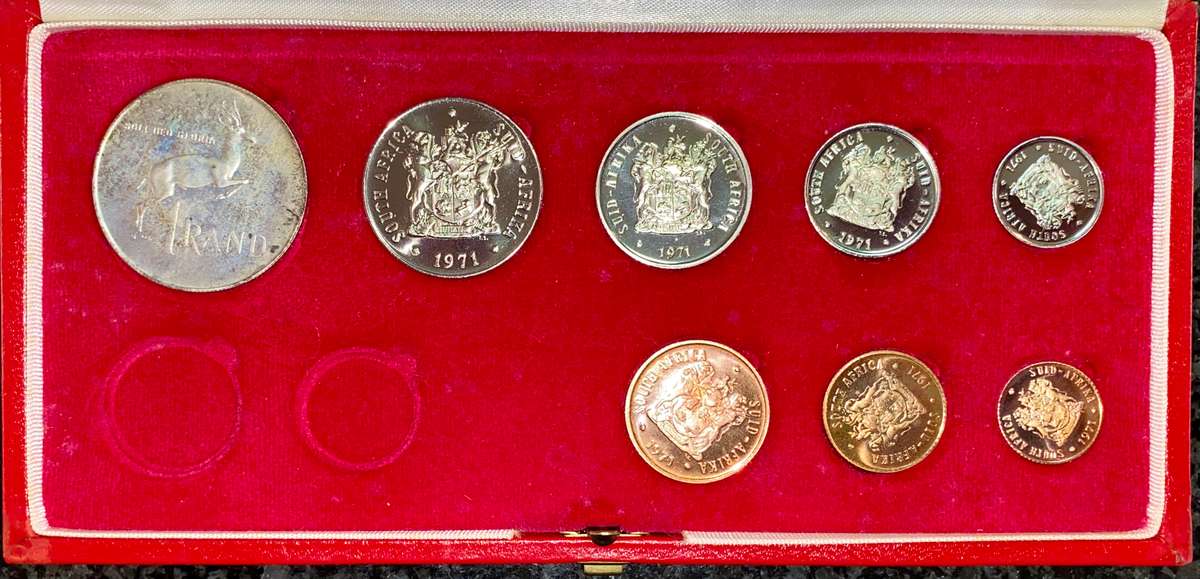 SOUTH AFRICA PROOF SET SILVER R1 TO 1/2 CENT -- 1971 -- IN RED SA MINT BOX