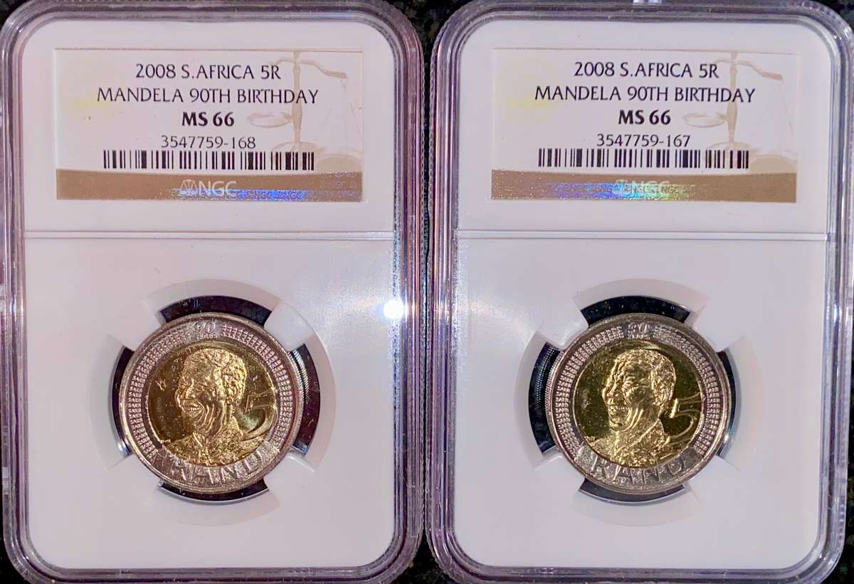 SOUTH AFRICA GRADED SET COMMEMORATIVE R5 - MANDELAS 90TH BIRTHDAY MS66 IN SEQ - NGC(1 BID TAKES ALL)