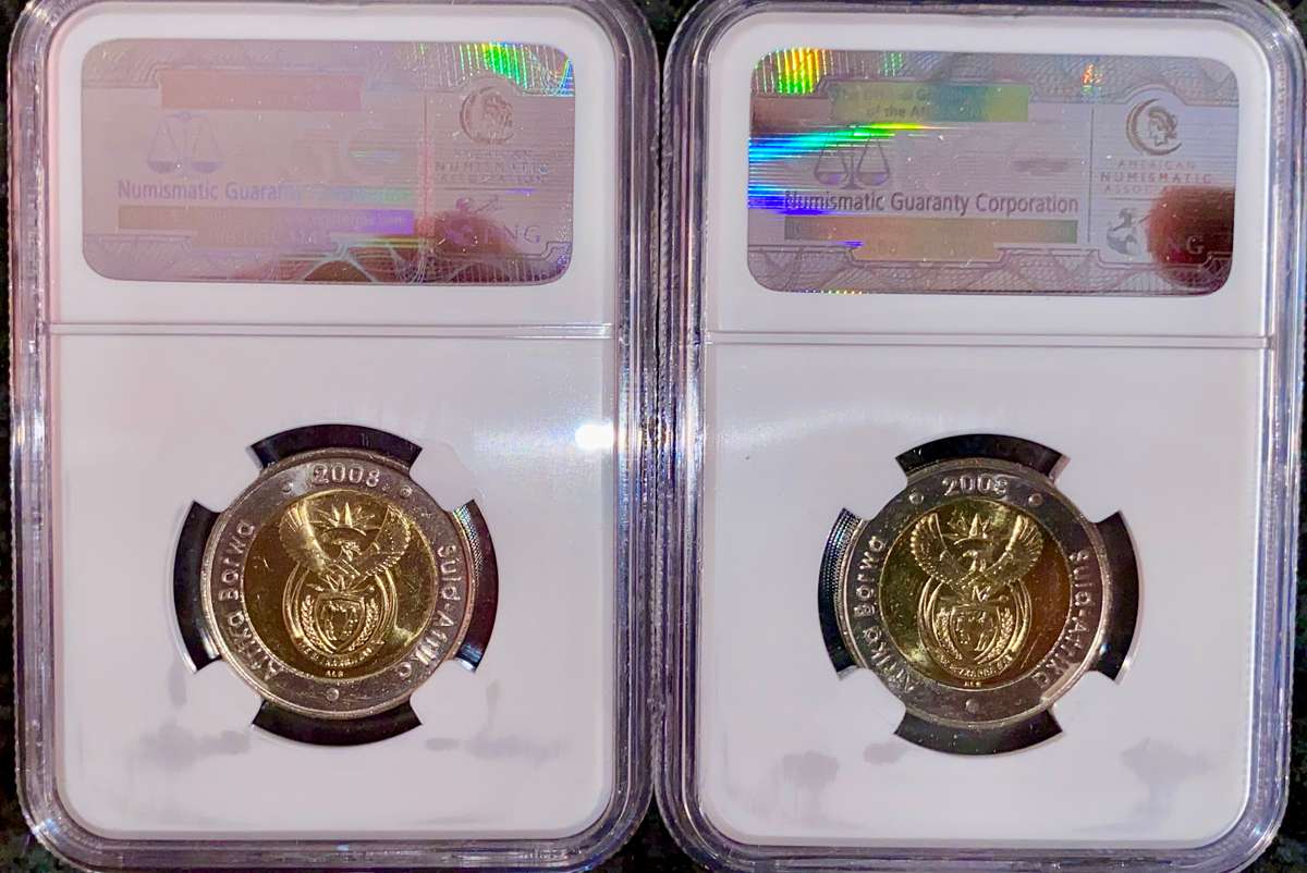 SOUTH AFRICA GRADED SET COMMEMORATIVE R5 - MANDELAS 90TH BIRTHDAY MS66 IN SEQ - NGC(1 BID TAKES ALL)