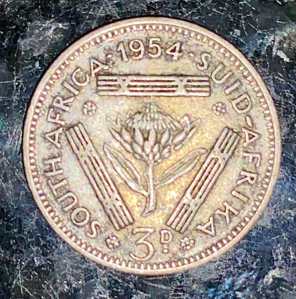 S A UNION SILVER 3D THREEPENCE TICKEY --1954--