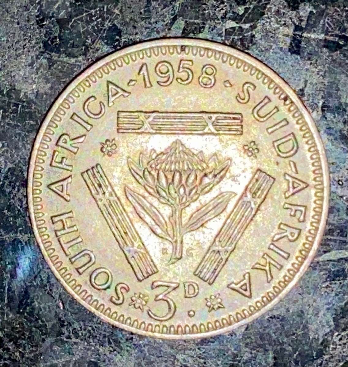 S A UNION SILVER 3D THREEPENCE TICKEY --1958--