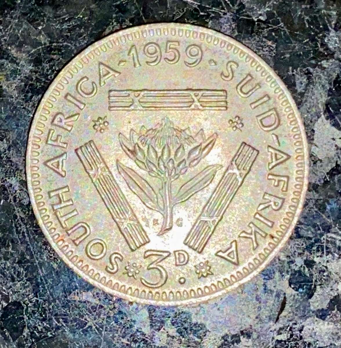 S A UNION SILVER 3D THREEPENCE TICKEY --1959-- GOOD CONDITION