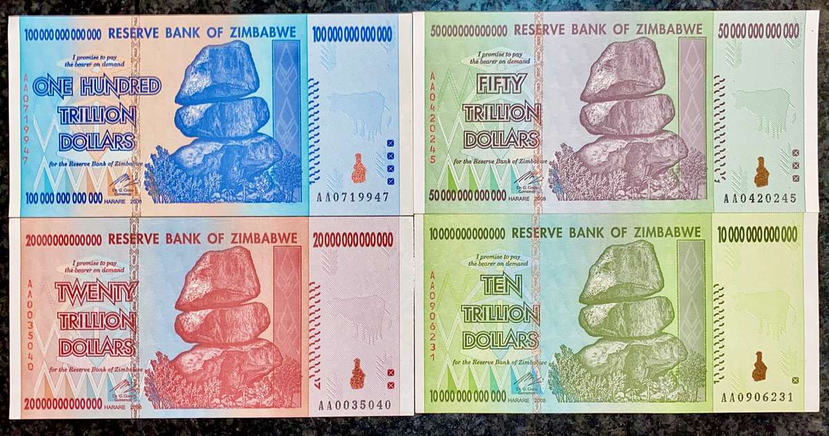 ZIMBABWE FULL SET AA TRILLION DOLLARS - 100 TRILLION DOLLAR TO 10 TRILLION 2008 UNC (1 BID TAKES ALL