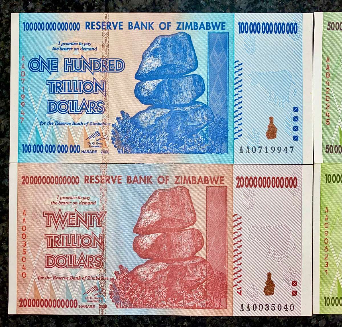 ZIMBABWE FULL SET AA TRILLION DOLLARS - 100 TRILLION DOLLAR TO 10 TRILLION 2008 UNC (1 BID TAKES ALL