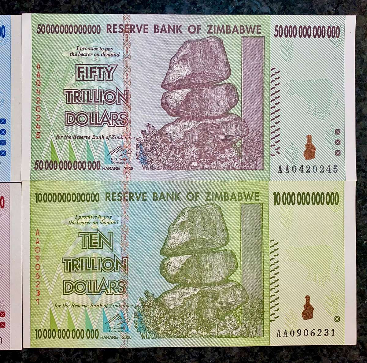 ZIMBABWE FULL SET AA TRILLION DOLLARS - 100 TRILLION DOLLAR TO 10 TRILLION 2008 UNC (1 BID TAKES ALL