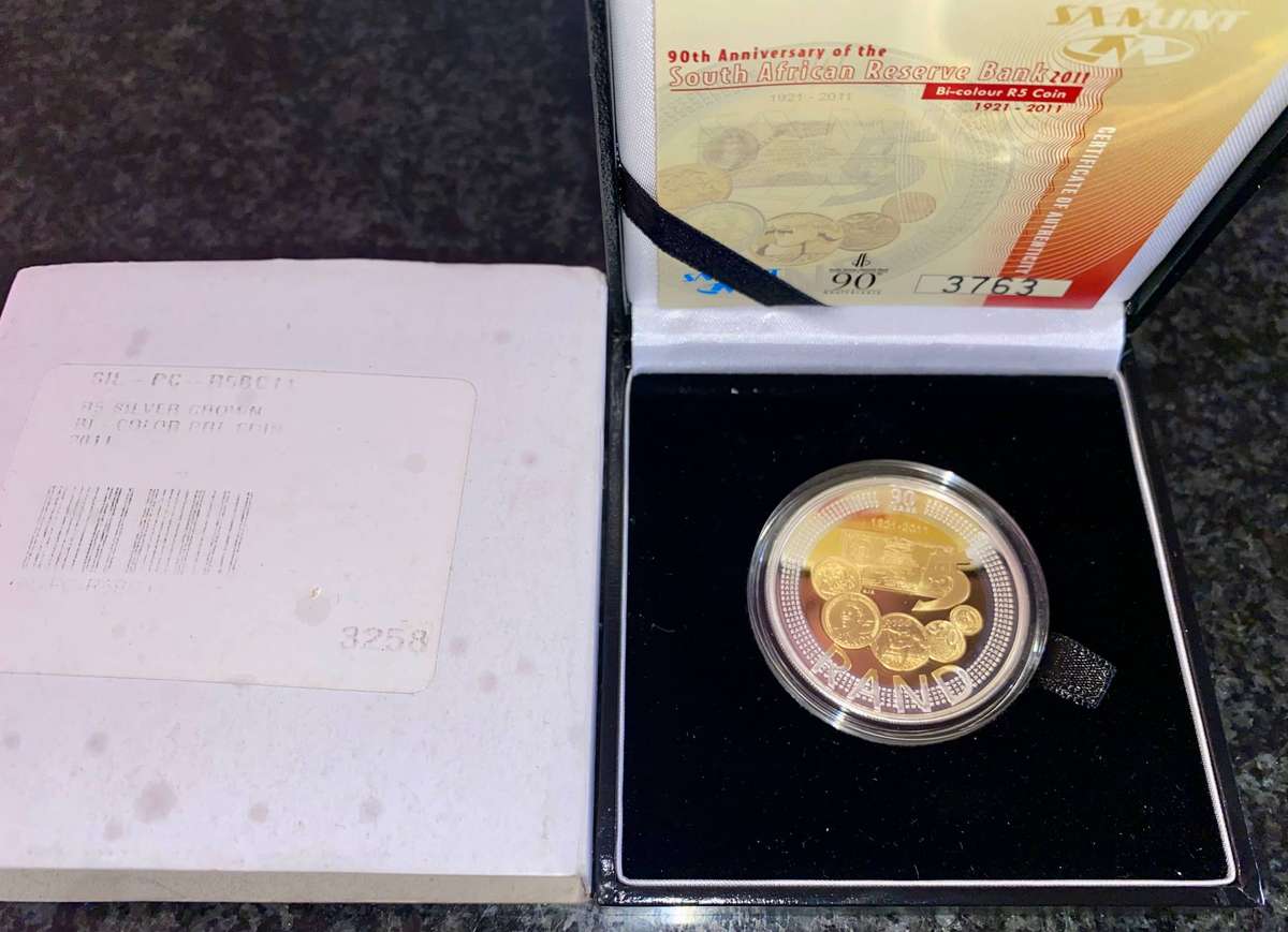 South Africa. Proof Silver R5 - Bi-Colour 2011 sterling silver 24ct gold plated in sam box + cert
