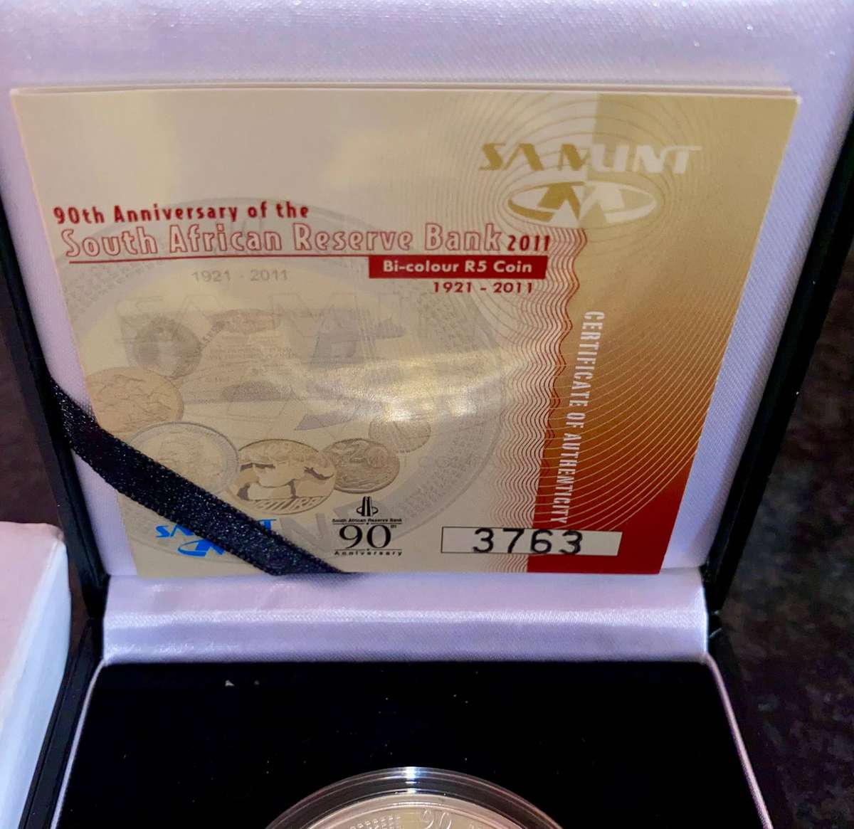 South Africa. Proof Silver R5 - Bi-Colour 2011 sterling silver 24ct gold plated in sam box + cert
