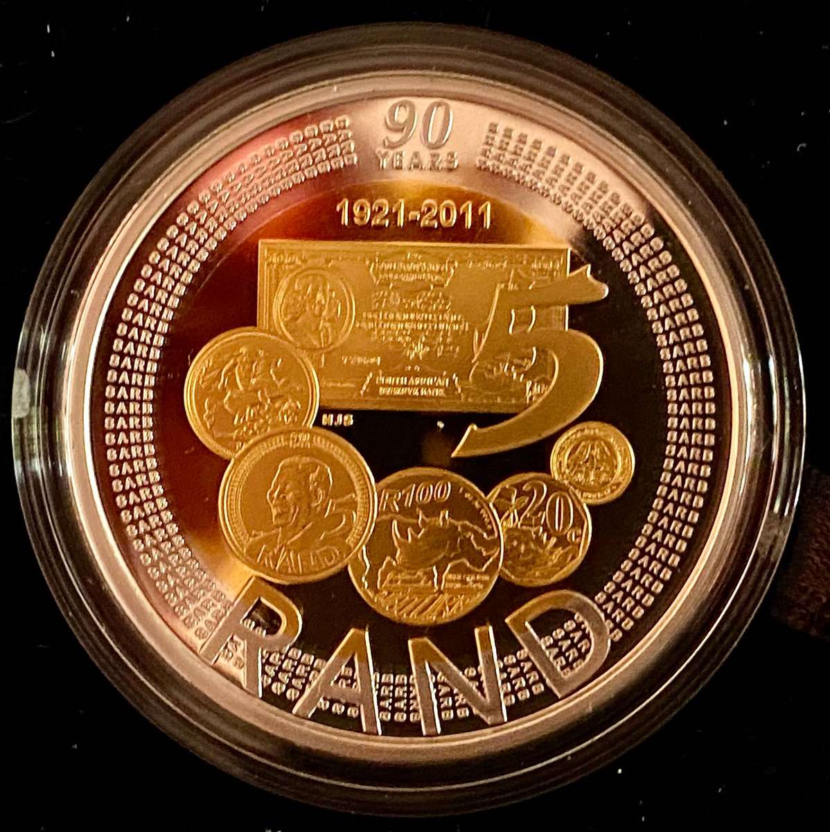 South Africa. Proof Silver R5 - Bi-Colour 2011 sterling silver 24ct gold plated in sam box + cert