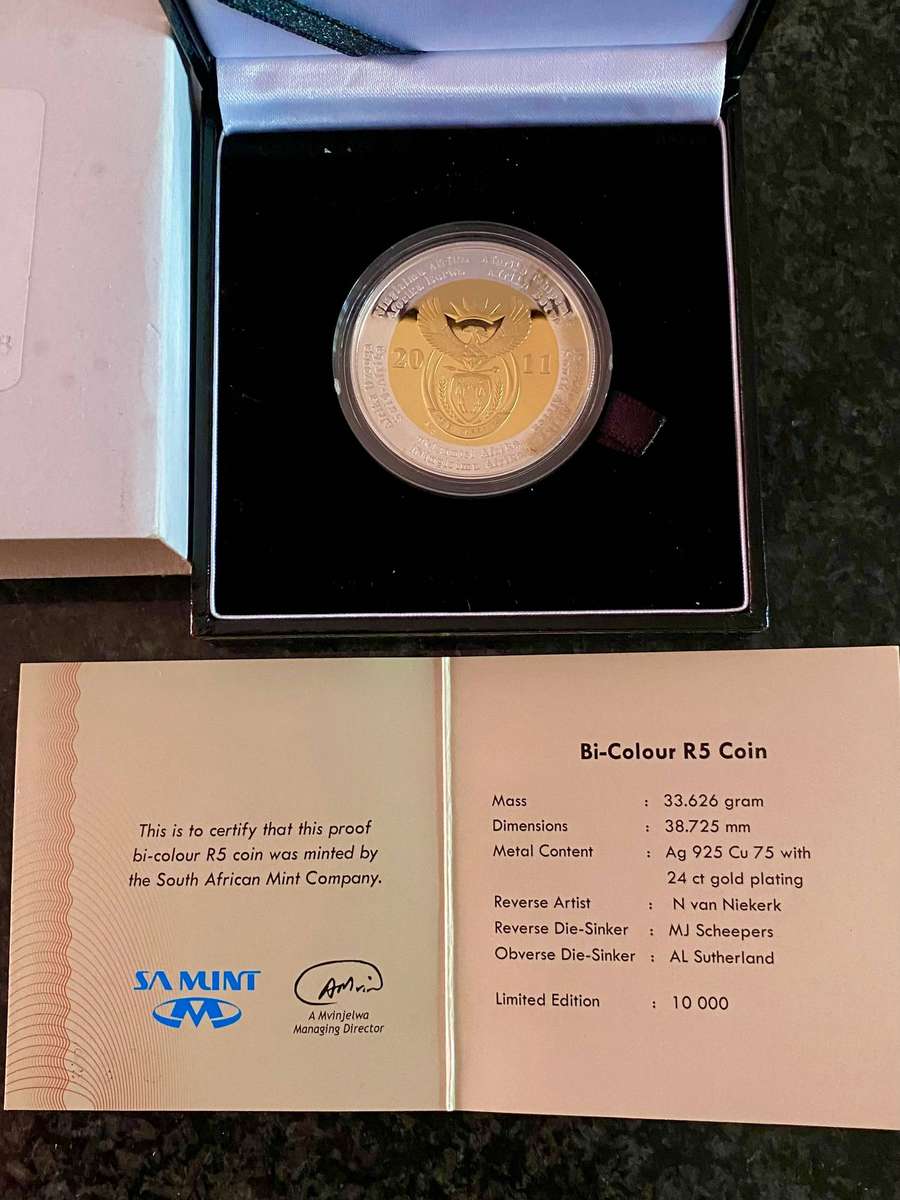 South Africa. Proof Silver R5 - Bi-Colour 2011 sterling silver 24ct gold plated in sam box + cert
