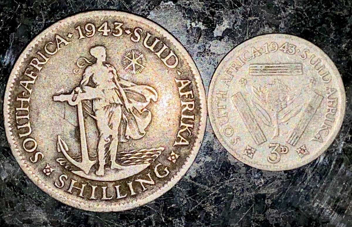 S A UNION SILVER SET 1 SHILLING & 3D THREEPENCE TICKEY (1 BID TAKES ALL)